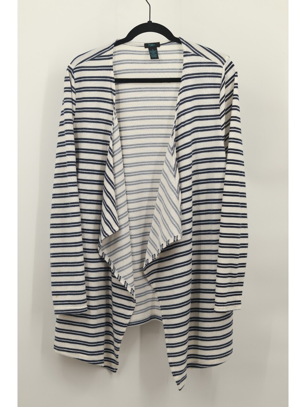rue+ Cardigan Women’s 1X Plus Size Blue White Striped Open Front Drape Neck